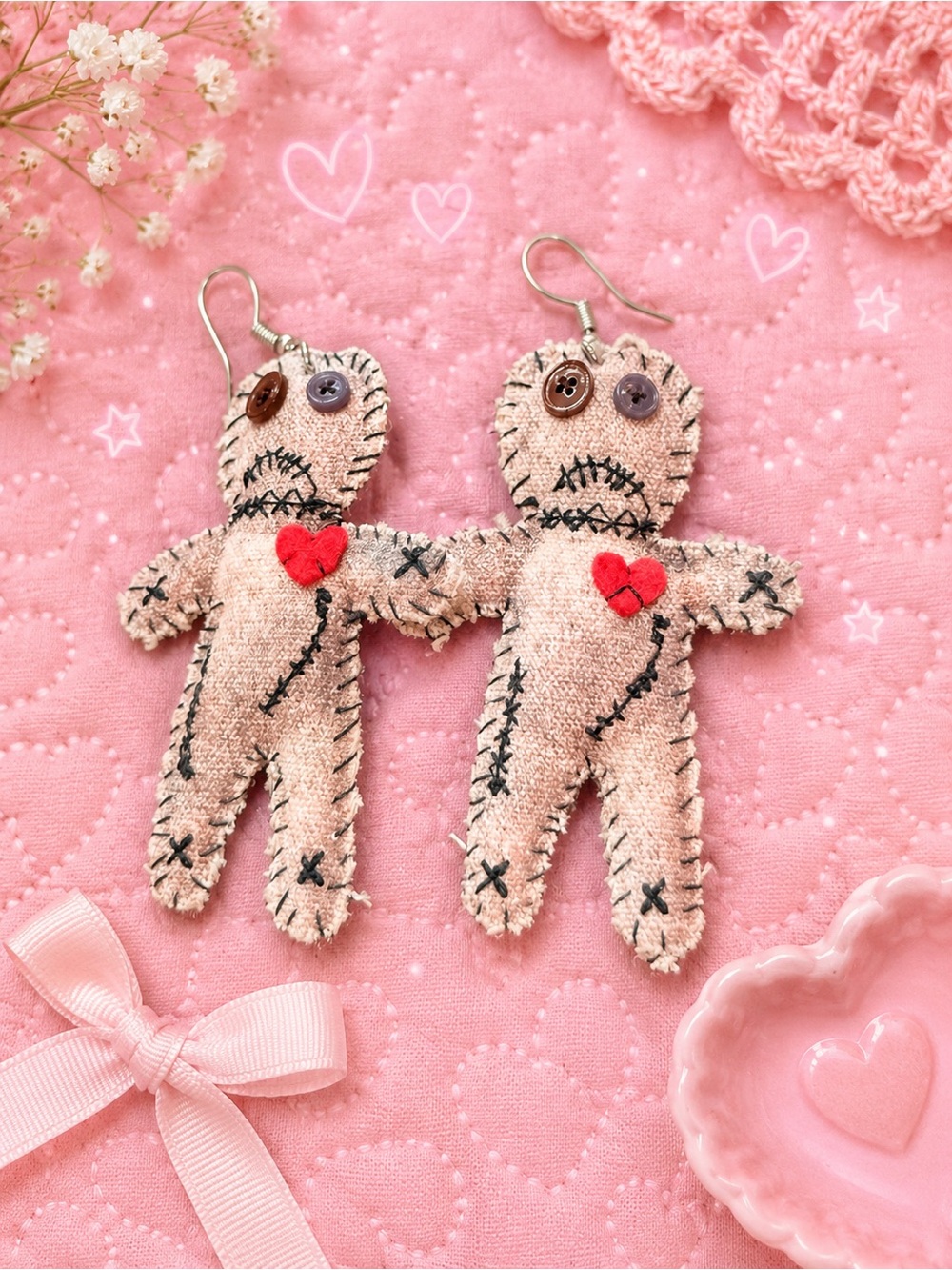 Spirit Halloween Pink Plush Voodoo Doll Drop Earrings with Red Heart
